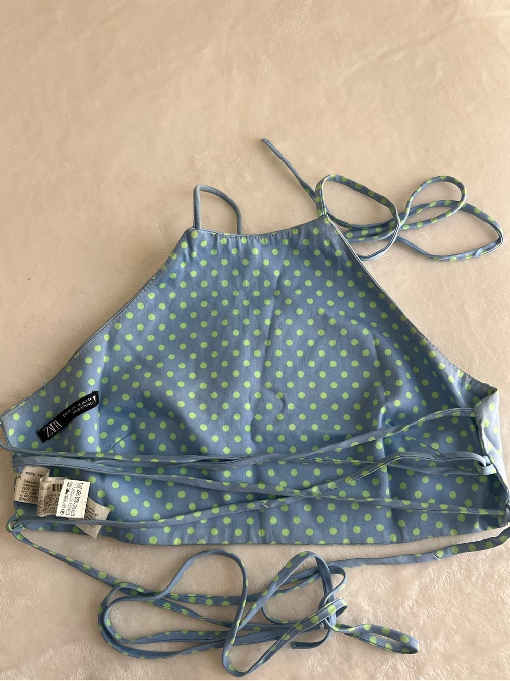 Zara Light Blue Top with Lime Green Polka Dots